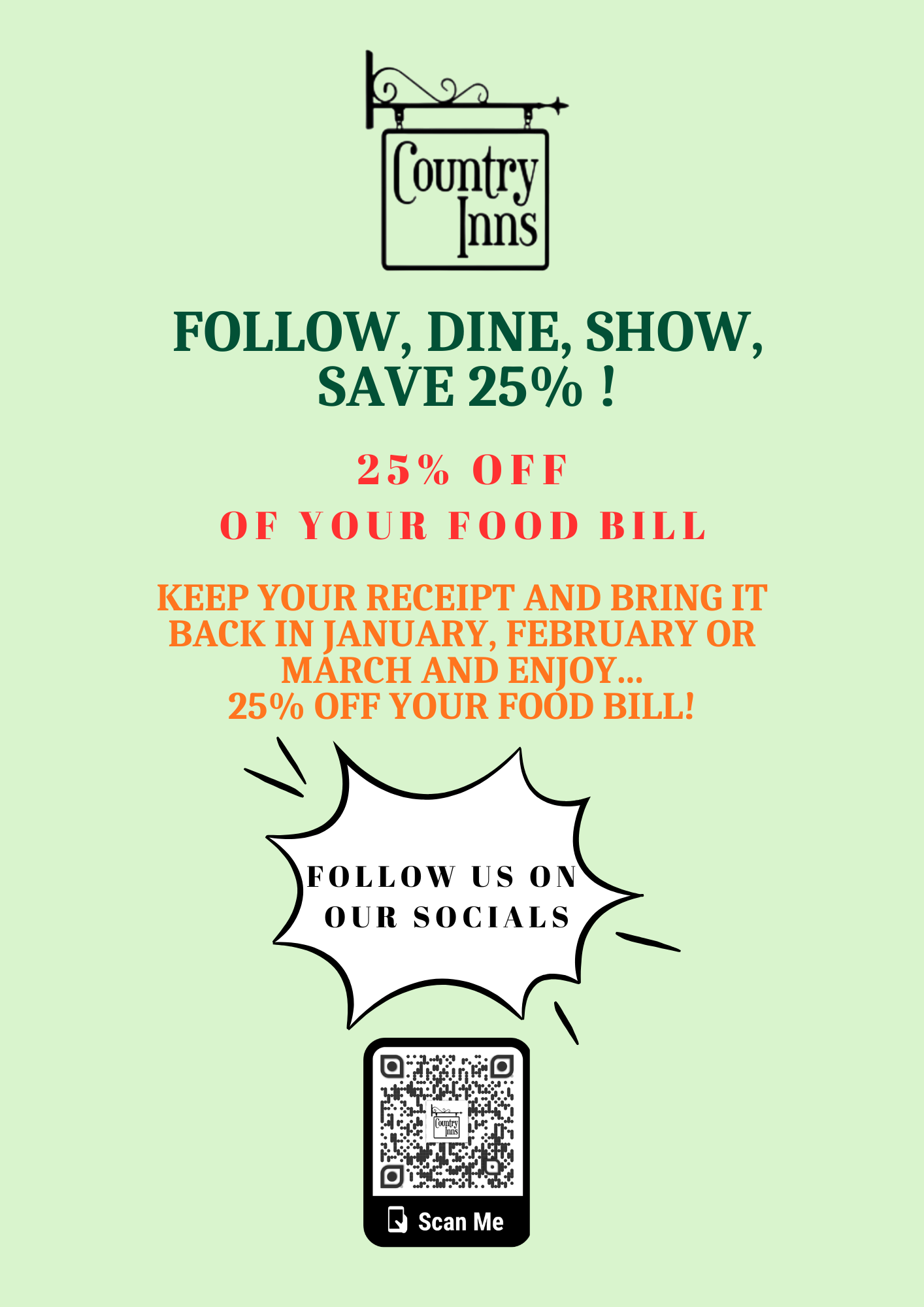 25% Off Promotion – valid across all Country Inns pubs